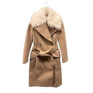Banana Republic Women's XXS Tan Belted Trench Coat‎ Faux Fur Collar Winter Chic